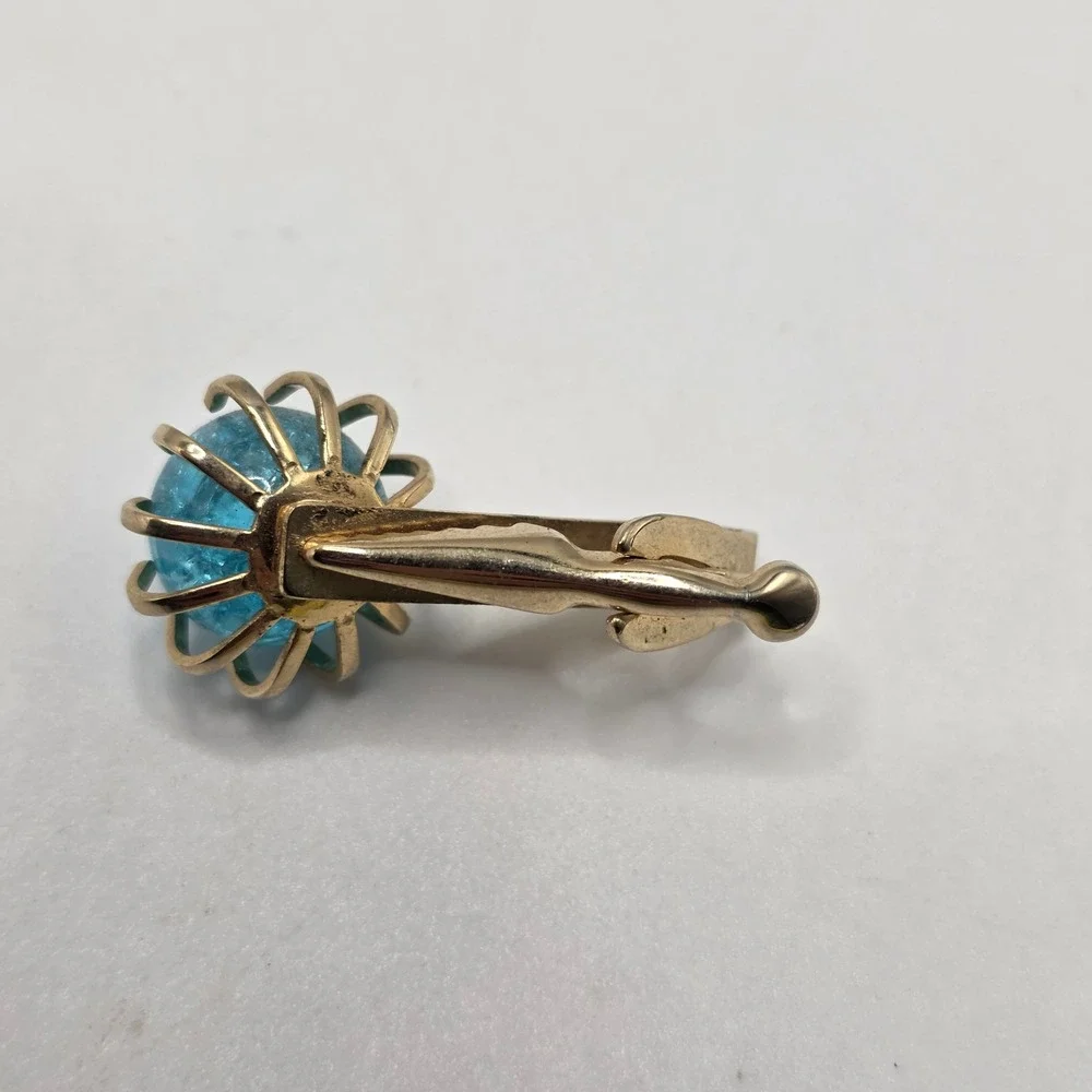 Tie Clip Men Blue Crackle Glass Orb Gold Tone Mid Century Retro‎ MCM Bar